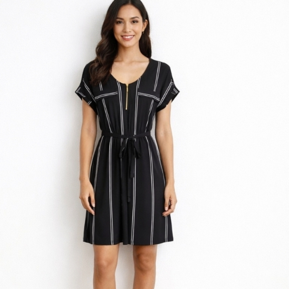 Inc. | Black White Striped Waist Tie Dress NWT